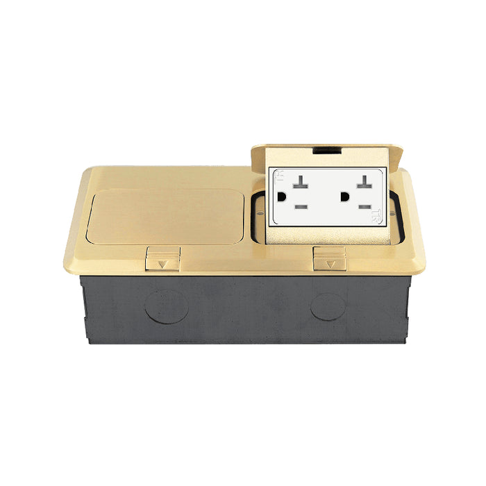 Enerlites 962301-C 2-Gang Pop-Up Floor Box Kit with 20A Decorator Duplex Tamper & Weather Resistant Receptacle, Brass