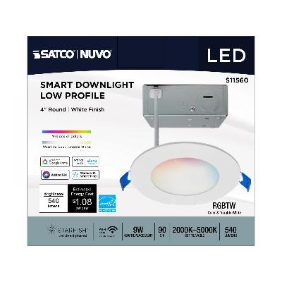 Satco S11560 9 Watt; LED Direct Wire; Low Profile Downlight; 4 Inch Round; Starfish IOT; Tunable White and RGB; 120 Volt; 90 CRI; White Finish