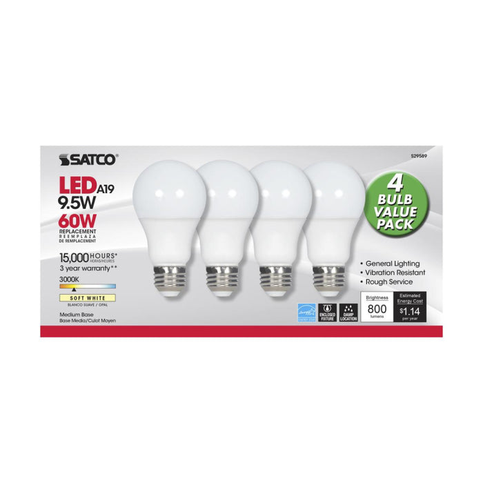 Satco S29589 9.5W A19 LED Bulb, E26 Base, 3000K, 3-Pack