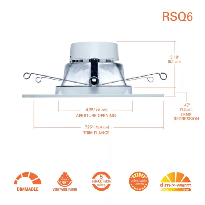 Halo RSQ6 6" LED Square Recessed Baffle Trim, CCT Selectable 600/900 Lumens, 90 CRI, Dimming, Matte White