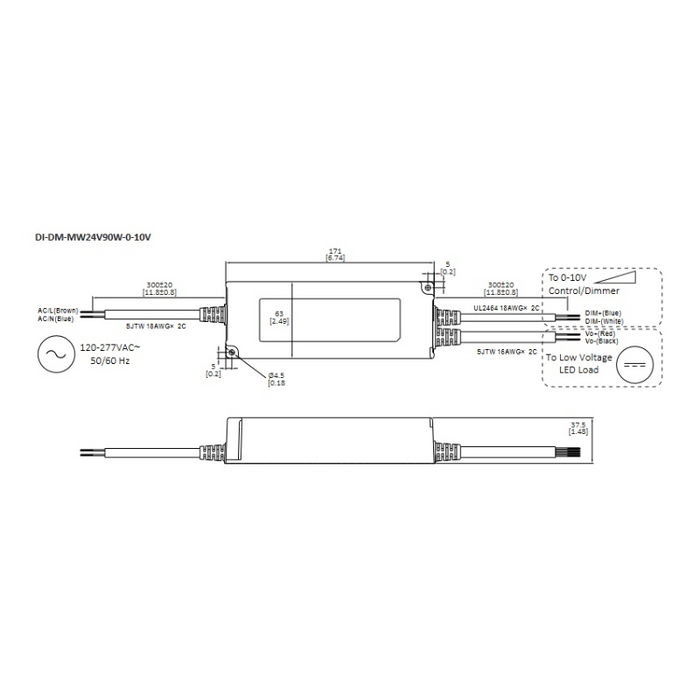 Diode LED 24V 90W Commercial Grade 0-10V Dimmable Driver with NEMA3R Junction Box