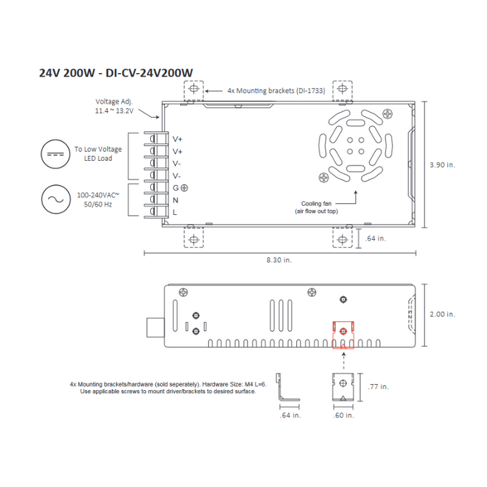 Diode LED 24V 200W Constant Voltage LED Driver, 100-240V Input