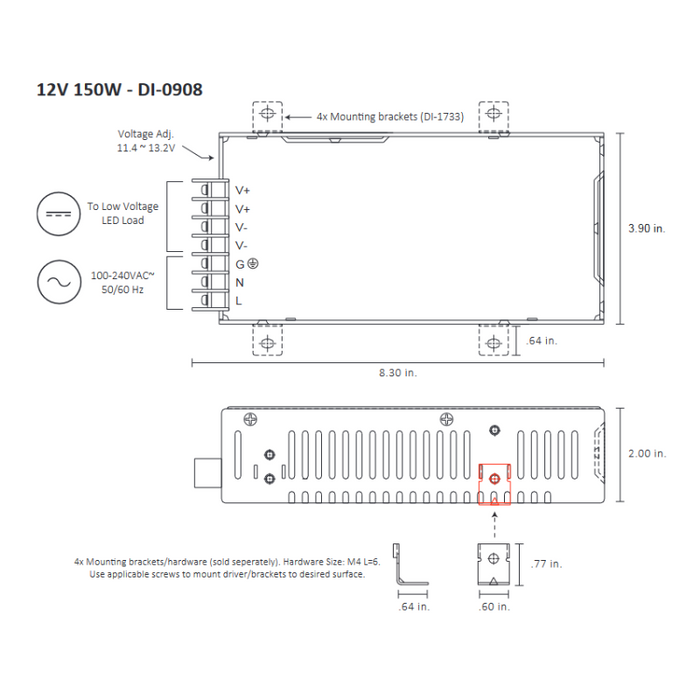 Diode LED 12V 150W Constant Voltage LED Driver, 100-240V Input