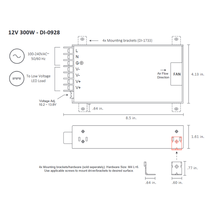 Diode LED 12V 300W Constant Voltage LED Driver, 100-240V Input