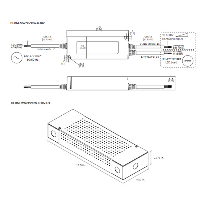 Diode LED 24V 90W Commercial Grade 0-10V Dimmable Driver with Junction Box