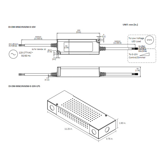 Diode LED 24V 60W Commercial Grade 0-10V Dimmable Driver with Junction Box